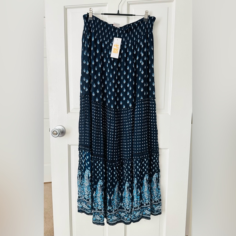 NEW! BILA Nola Tiered Maxi Skirt Boho Indian Block Print Blue Paisley Size L